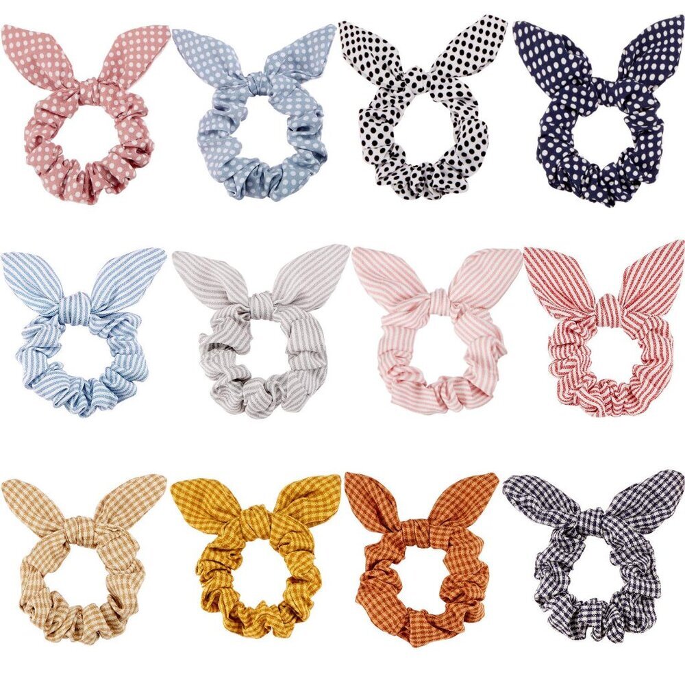 12 Pieces Bow Hair Scrunchies Bunny Ear Scrunchies for Bow Silk Bowknot Bobbles